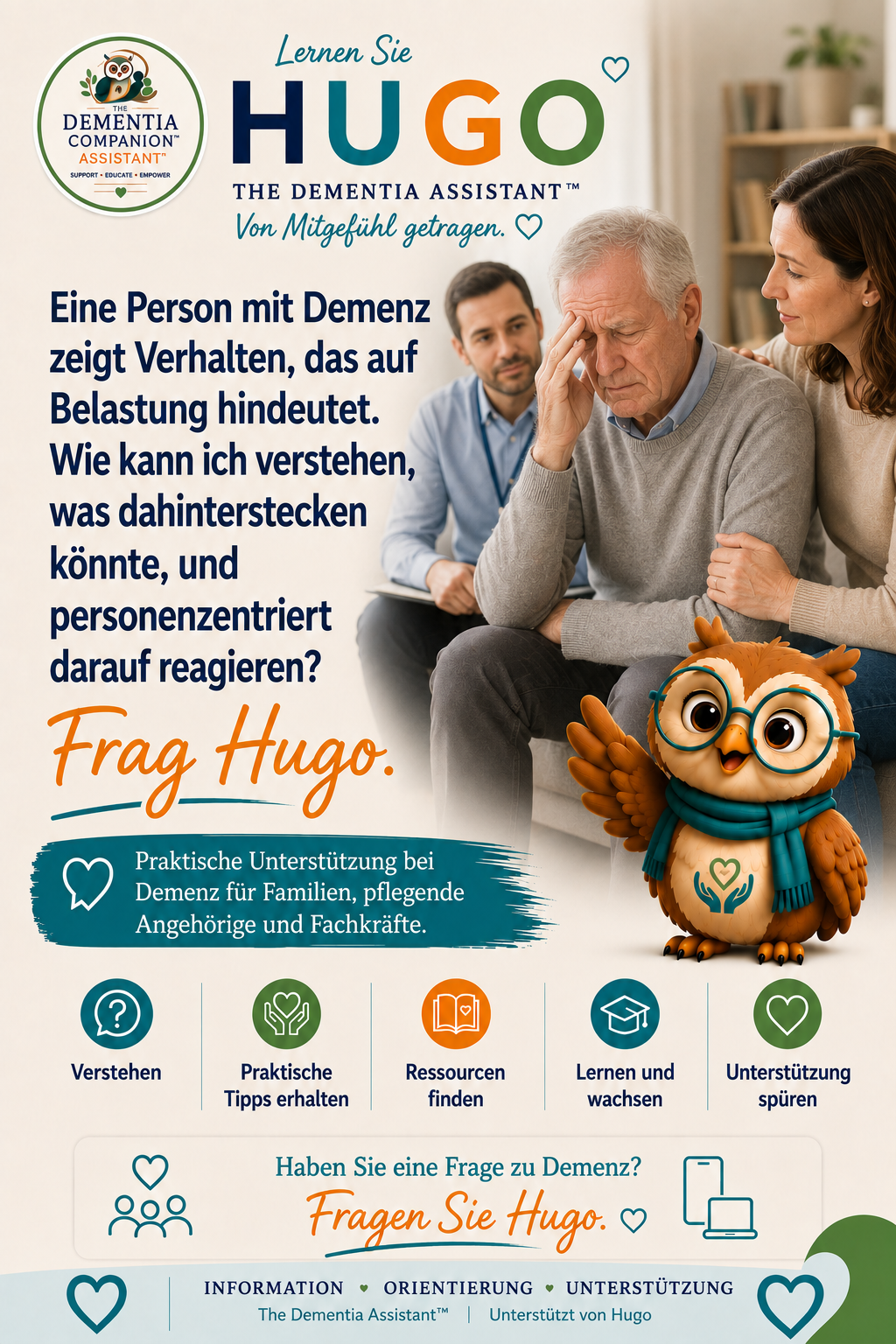 Eine demenzkranke Person zeigt verzweifeltes Verhalten. Wie kann ich verstehen, was die Ursache dafür sein könnte, und personenzentriert reagieren? — Ask Hugo