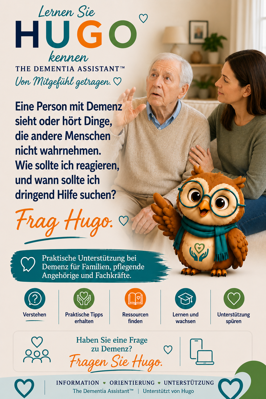 Eine Person mit Demenz sieht oder hört Dinge, die andere Menschen nicht sehen oder hören. Wie soll ich reagieren und wann sollte ich dringend Hilfe suchen? — Ask Hugo