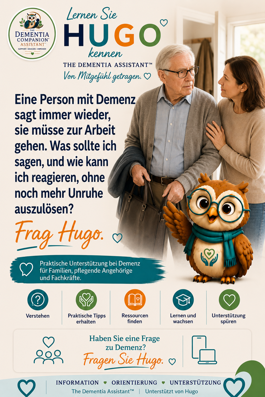 Eine demenzkranke Person sagt immer wieder, dass sie zur Arbeit gehen muss. Was soll ich sagen und wie kann ich reagieren, ohne noch mehr Stress zu verursachen? — Ask Hugo