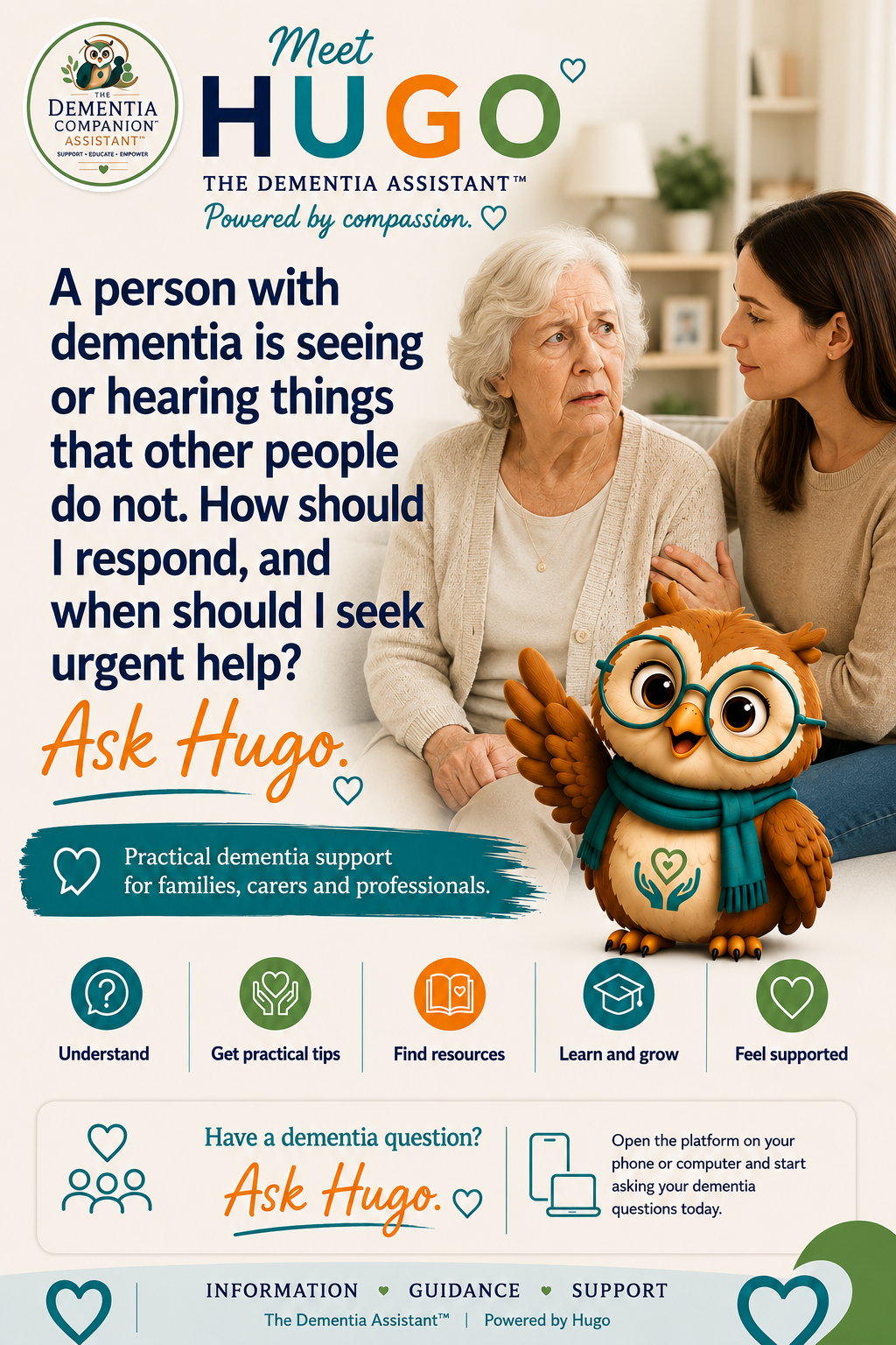 Mae person â dementia yn gweld neu'n clywed pethau nad yw pobl eraill yn eu gweld. Sut dylwn i ymateb, a phryd ddylwn i ofyn am gymorth brys? — Ask Hugo