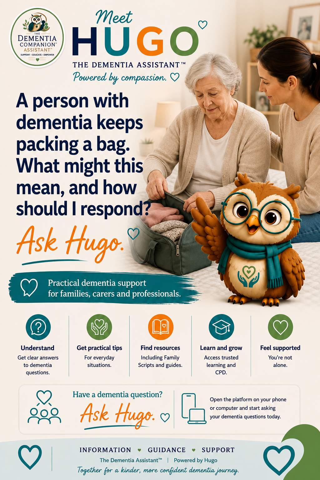 Mae rhywun â dementia yn pacio bag o hyd. Beth allai hyn ei olygu, a sut ddylwn i ymateb? — Ask Hugo