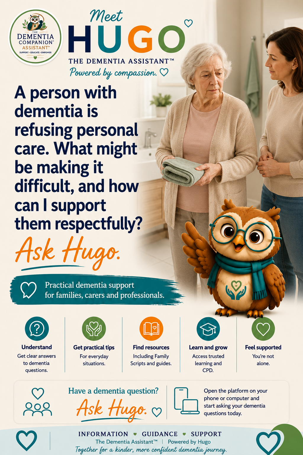 Een persoon met dementie weigert persoonlijke verzorging. Wat maakt het misschien moeilijk, en hoe kan ik ze respectvol ondersteunen? — Ask Hugo