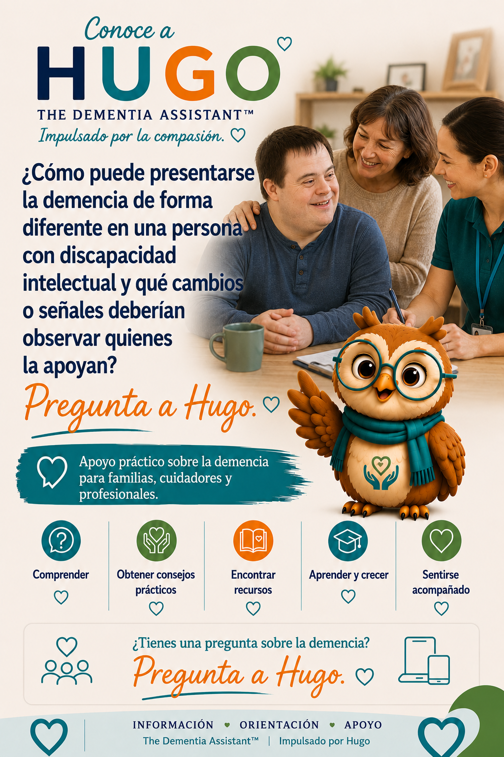 ¿Cómo puede presentarse de manera diferente la demencia en una persona con problemas de aprendizaje y qué cambios o signos deberían notar quienes los apoyan? — Ask Hugo
