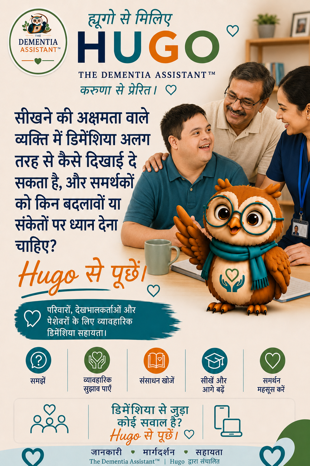 सीखने की अक्षमता वाले व्यक्ति में मनोभ्रंश अलग-अलग तरीके से कैसे प्रकट हो सकता है, और समर्थकों को किन बदलावों या संकेतों पर ध्यान देना चाहिए? — Ask Hugo