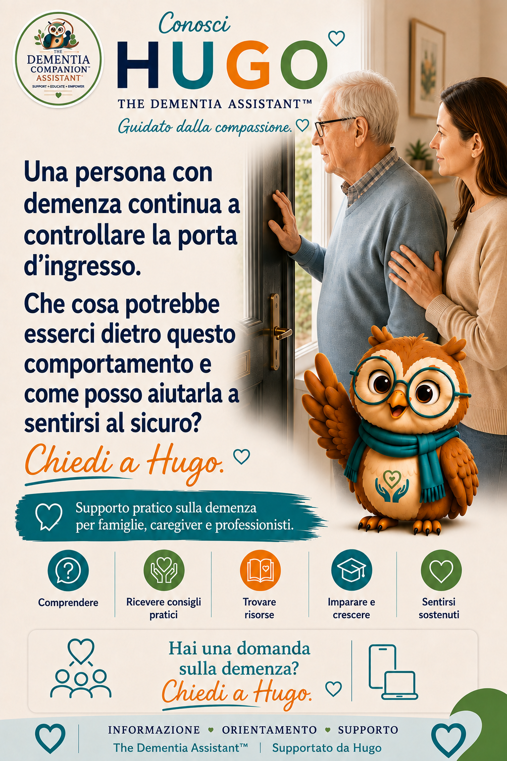 Una persona affetta da demenza continua a controllare la porta d'ingresso. Cosa potrebbe esserci dietro a tutto ciò e come posso aiutarli a sentirsi al sicuro? — Ask Hugo