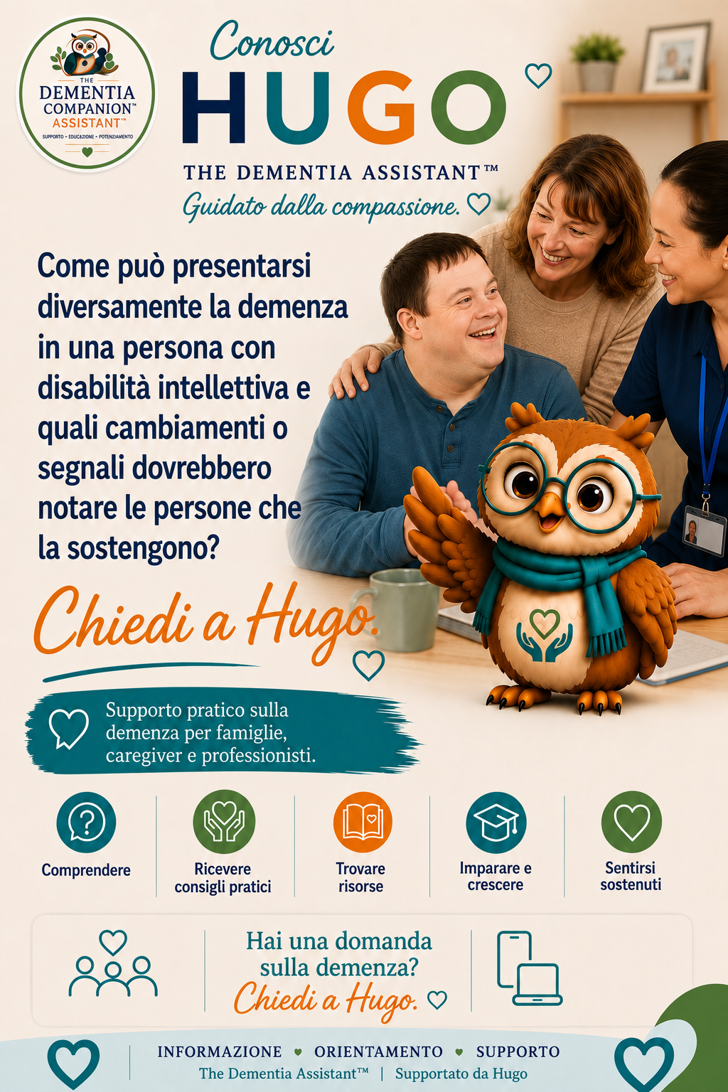 In che modo la demenza può presentarsi diversamente in una persona con difficoltà di apprendimento e quali cambiamenti o segni dovrebbero notare i sostenitori? — Ask Hugo