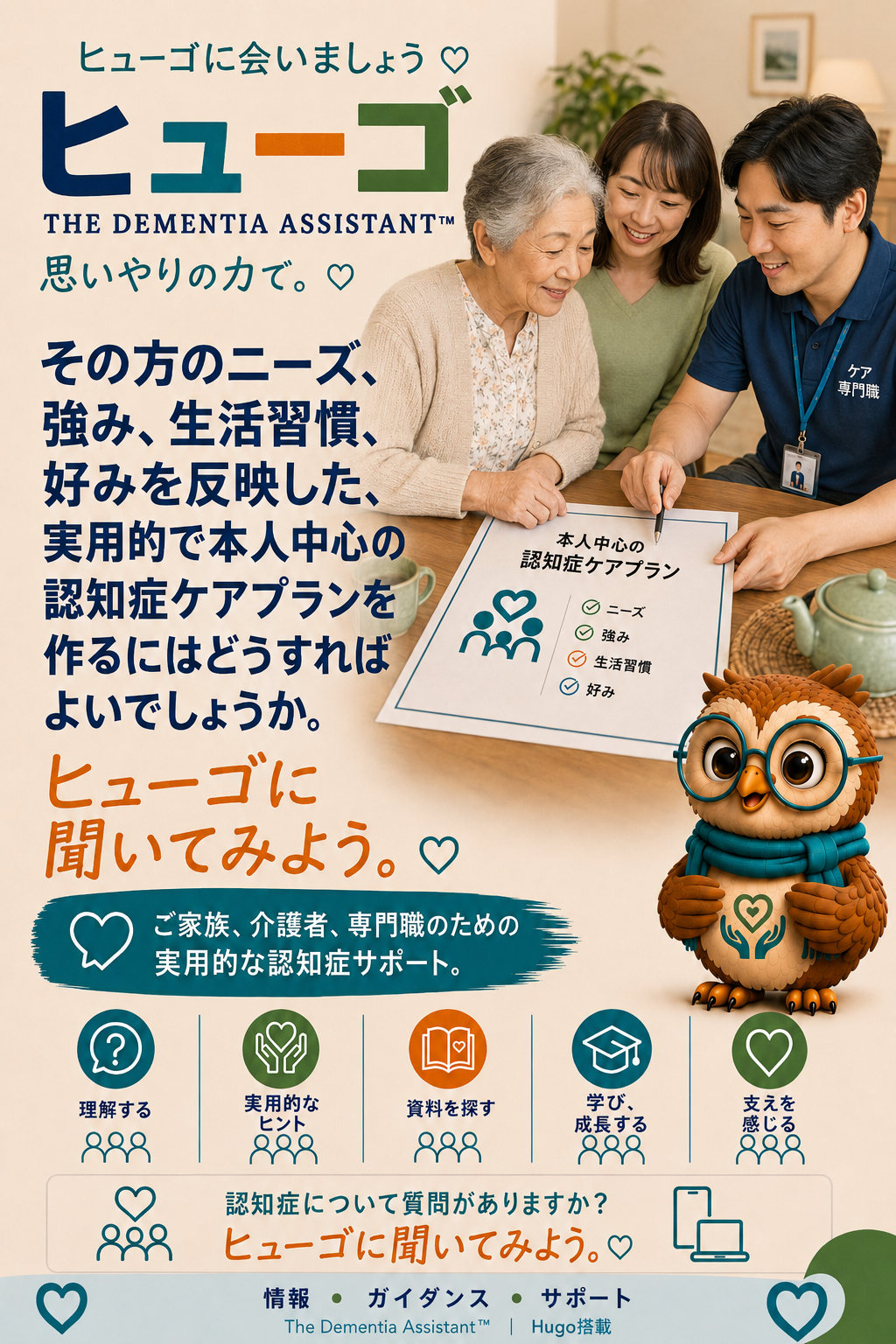 本人のニーズ、強み、習慣、好みを反映した、本人中心の実践的な認知症ケア計画を作成するにはどうすればよいでしょうか? — Ask Hugo
