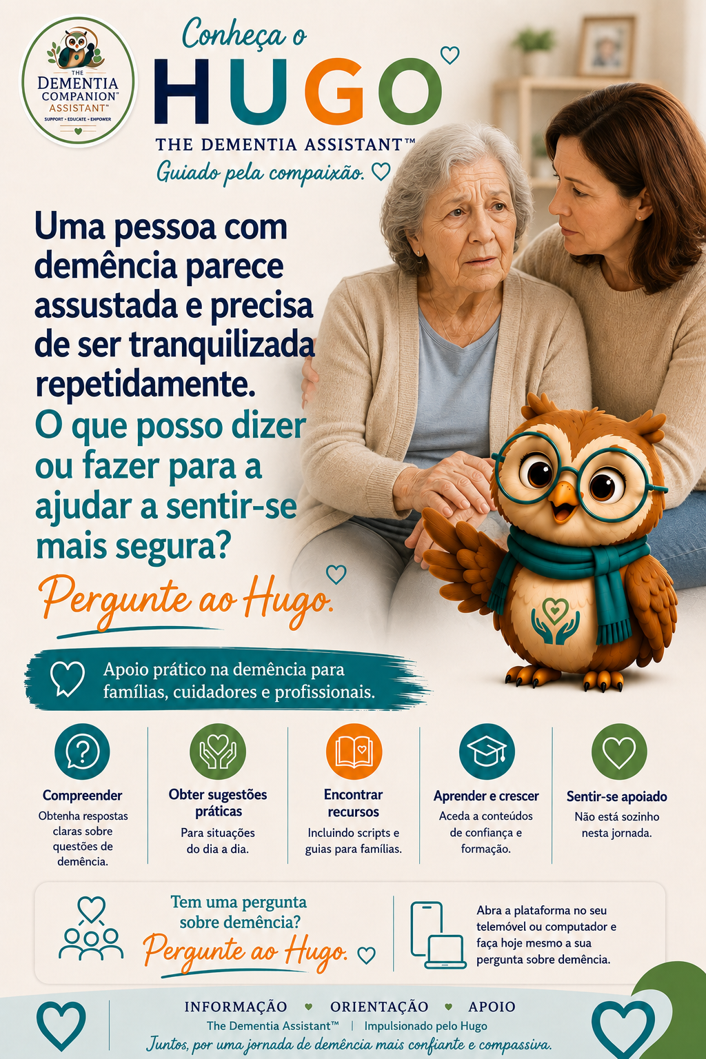 Uma pessoa com demência parece assustada e precisa de garantias repetidas. O que posso dizer ou fazer para ajudá-los a se sentirem mais seguros? — Ask Hugo